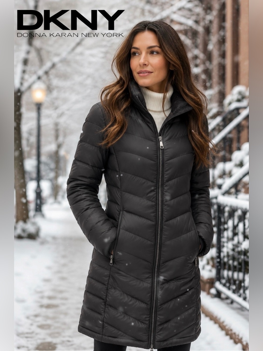 DKNY Women’s Long Lightweight Puffer Coat Black Chevron Quilted Full Zip